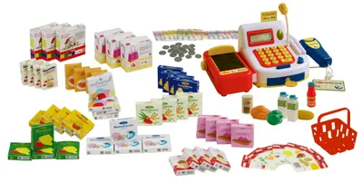 Produktbild von roba Kaufladenzubehör, Kasse, Spielgeld, Einkaufskorb, Lebensmittel Set & Angebotsschilder