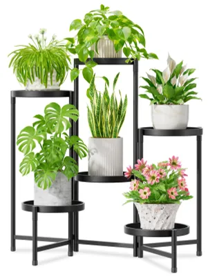 Productafbeelding van Grote metalen plantenstandaard met 6 niveaus, bloemenstandaard, plantenrek, bloemenrek voor binnen en buiten, inklapbaar plantenrek voor binnen, tuin, balkon, woonkamer (rond, zwart)