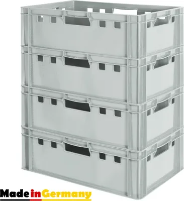 Produktbild von 4 Stück E2 Fleischkisten Kisten Eurobox Lebensmittelecht Metzgerkiste Box Aufbewahrungsbox Kunststoff Wanne Plastik Stapelbar Lagerkisten 60 x 40 Grau Kingpower