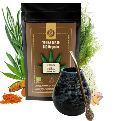 Produktbild von Mate Green Yerba Mate Set – Ginger Turmeric 400g, Keramik Tasse Marmol Blue 350ml, Bombilla Liza – Perfektes Starterset für Yerba Mate