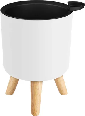 Image de Pot de fleurs auto-arrosant,Pot de fleurs double couche pour l'intérieur et l'extérieur,Pot de plantes avec support en bois,Pot de fleurs avec intérieur (20,5cm,Blanc)