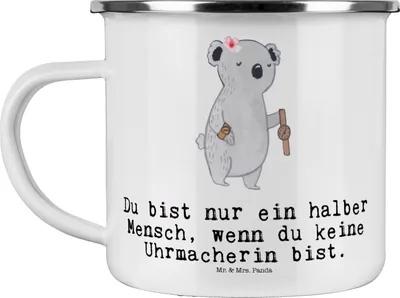 Produktbild von Mr. & Mrs. Panda Teetasse Uhrmacherin Herz - Weiß - Geschenk, Pott, Emaille Tasse, Haferl, Campingtasse, Teebecher