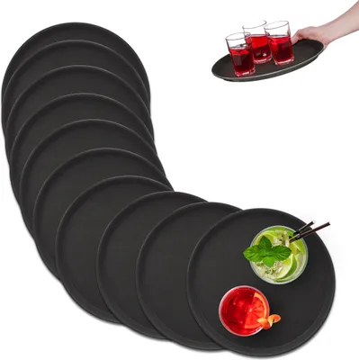 Produktbild von Relaxdays Serviertablett im 10er Set, rutschfeste Oberfläche, rundes Kellnertablett, Gastronomie, Ø 35 cm, schwarz