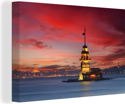 Produktbild von MuchoWow® - Leinwandbilder - Sonnenuntergang am Maiden's Tower im Bosporus in Istanbul, Türkei, Wandbild, Wanddeko Bilder Wohnzimmer, 90x60 cm