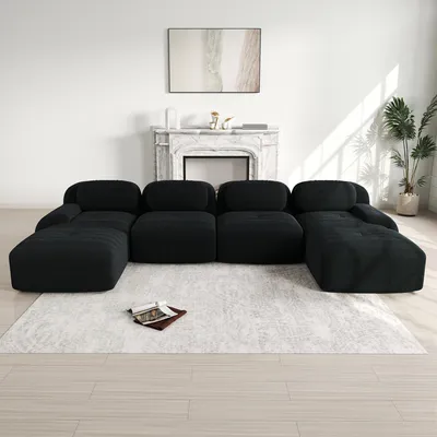 Produktbild von Cordstoff-U-Sofa, rahmenloses Modulsofa, ohne Montage, 32D-Polsterung, 388 x 178 x 75 cm, Schwarz
