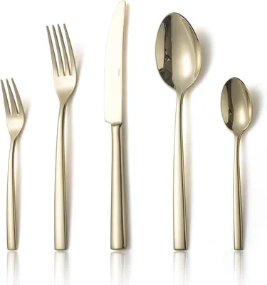 Imagen del producto de Juego de cubiertos de acero inoxidable 18/10, acabado pulido, color champán dorado, para 12 personas. Incluye 60 piezas de cubiertos para la mesa, con cuchillos de una sola pieza, acabado brillante y apto para lavavajillas