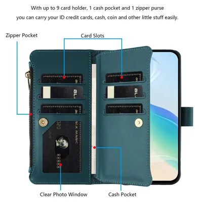 A teal wallet case for a smartphone is open, showing its internal card slots, cash pocket, and zipper purse. A smartphone is partially visible on the right side.