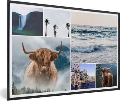 Produktbild von MuchoWow® MuchoWow® Gerahmtes Poster Schottisches Hochlandrind - Collage - Wasserfall - Palme 60x40 cm - Poster mit zchwarzem Bilderrahmen - Printing - Wanddeko Schlafzimmer