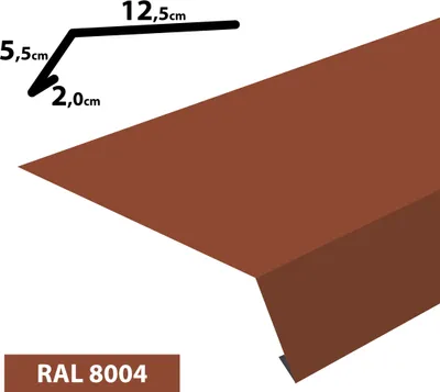 A close-up illustration of a brown metal roof flashing with dimensions indicated by lines and text.