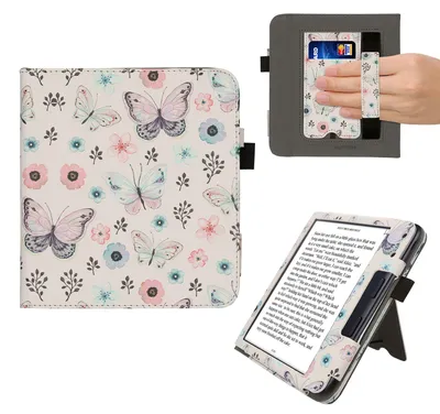 Produktbild von kwmobile Flip Cover kompatibel mit Kobo Kobo Libra Colour / Tolino Vision Color - Hülle mit Handschlaufe Schmetterlingsanemone Weiß Nude Lilac