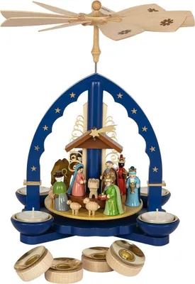 Produktbild von Pyramide Geburt Christi mit Teelichter und Kerzen blau Höhe 27cm