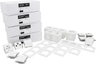 Produktbild von McPower Schalterprogramm Set Flair Megaset, 100-teilig, weiß, Kunststoff, 40mm Tiefe, 60mm Durchmesser, Unterputz, Einsteckschutz, horizontal & vertikal montierbar, entwickelt in Deutschland, für Wohnräume, Büros, Neubauten & Renovierung