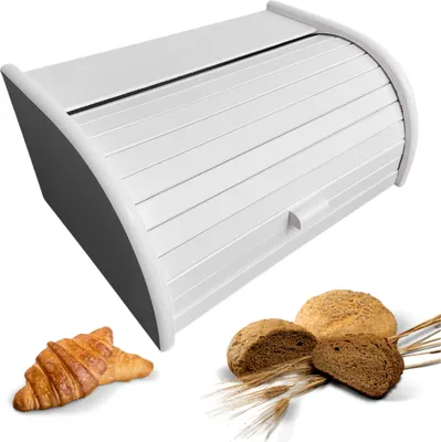 Produktbild von SEVICO Weiß Brotkasten Holz | 40 cm x 27.5 cm x 18.5 cm | Perfekte BrotBox für Brot Brötchen Kuchen | Brotkiste mit Roll-Deckel | A006-009-B