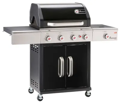 A black and silver gas grill on a white background.