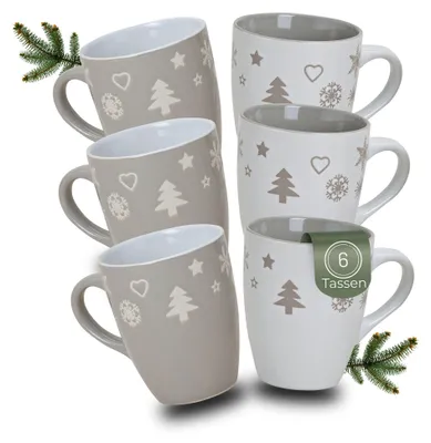 Produktbild von Weihnachtstassen 6er Set Weihnachtsmotiven in grau weiß