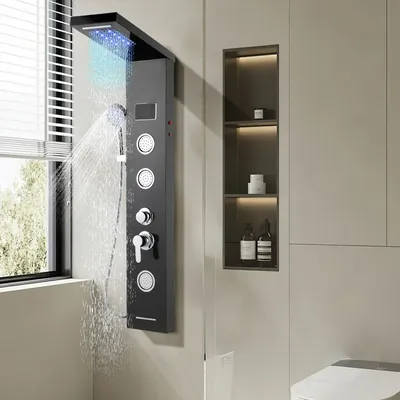 Immagine prodotto di TolleTour Pannello doccia per bagno Sistema doccia idromassaggio Doccia a pioggia Pannello doccia multifunzionale 5 grandi getti massaggianti Colonna doccia, nero
