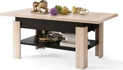 Produktbild von All4All Couchtisch Rino , Kaffeetisch , Wohnzimmertisch mit Ablage , Sofatisch , ausziehbar bis 170cm , höhenverstellbar , 130x65cm , 05 , Sonoma Eiche + Schwarz