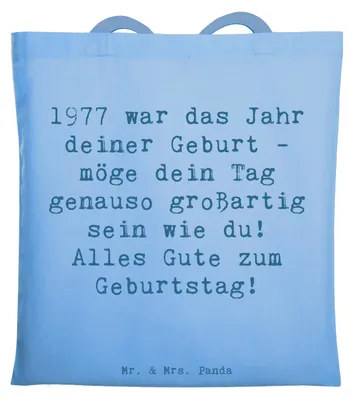Produktbild von Mr. & Mrs. Panda Jutebeutel Spruch 1977 Geburtstag - Sky Blue - Geschenk, herzlichen Glückwunsch, Einkaufstasche, Uni Tasche, Alter, Geburtsjahr, Erinnerungen, Tote Bag