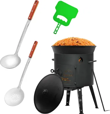 Produktbild von Ø44cm Uchag 2mm Stahl 22L Kazan Gusseisen Kasan Utschak Feuerstelle Utschag Campingofen Feldküche Außenküche Eintopfofen mit Schaumkelle Suppenkelle Grillfächer