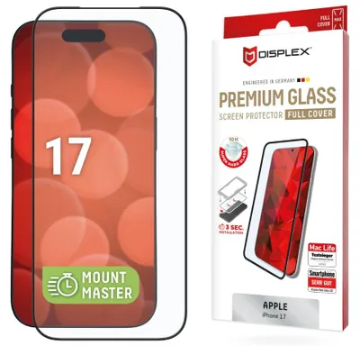 Produktbild von Displex Premium Panzerglas (Full Cover, 10H) für Apple iPhone 17,MountMaster Full Cover, Apple, iPhone 17, Stoßfest, Staubresistent, Schlagfest, Kratzresistent, Schockresistent, Transparent, 1 Stück(e)