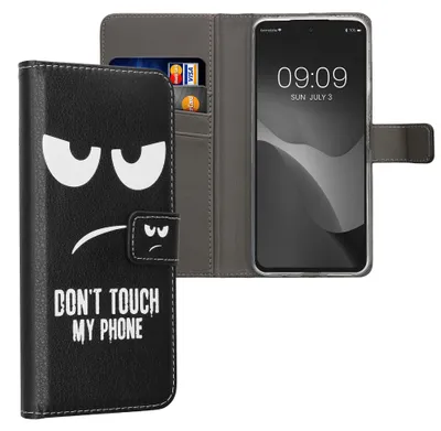 Produktbild von kwmobile Wallet Case kompatibel mit Xiaomi Redmi 13 Hülle - Cover mit Ständer und Kartenfächern - Don't touch my Phone Weiß Schwarz
