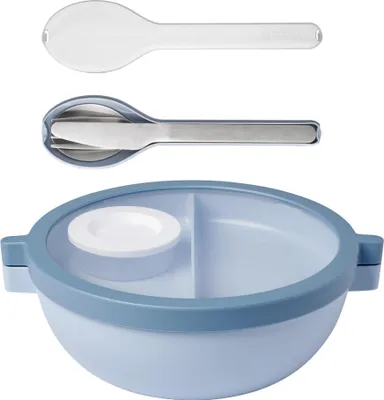 Produktbild von Mepal - Meal Prep Boxen Vita Set - Bento Schüssel + 3-teiliges Besteck-Set Ellipse - Brotdose mit Fächern - Extra Fach mit Deckel, Dressing-Deckel & Tablett - Bentobox - 1500 ml - Nordic Blue