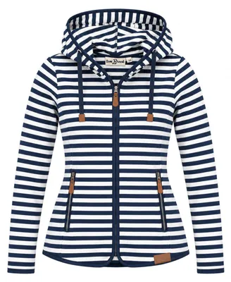 Produktbild von Damen Fleecejacke Maritim mit Streifen - Kapuzenjacke Blau-Weiß, Größe 42