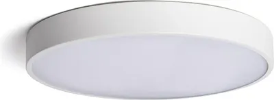 A white, round LED ceiling light is shown against a white background.
