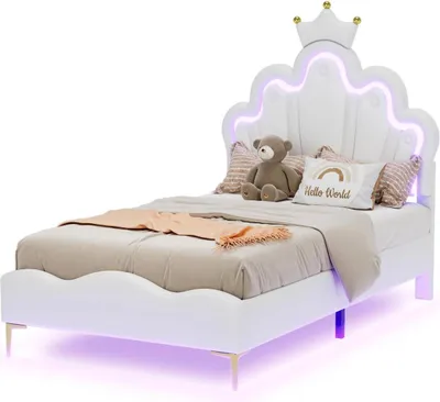 Obrázek produktu pro Dětská postel Princezna – jednolůžko 90 × 200 cm – dřevěná postel – čelo ve tvaru koruny – nastavitelné čelo – bílá