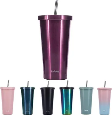 Produktbild von Famanu Thermobecher mit Strohhalm, 500 ml, doppelwandig, Edelstahl, für heiße und kalte Getränke - lila