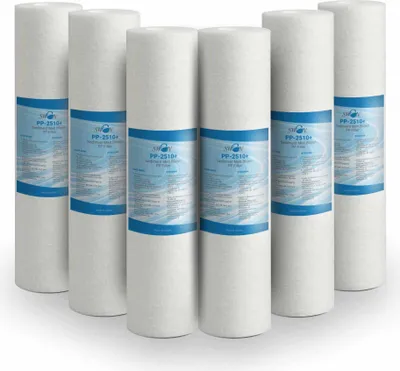 Zdjęcie produktu dla Filtr osadów Bellerofonte filtr do wody meltblown 10 cali 25 mikronów z polipropylenu. Usuwa piasek, cząsteczki rdzy i zawieszone zanieczyszczenia do 25 mikronów, 6 sztuk