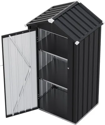 Imagen del producto de Caseta de jardín de metal, 77x56x160 cm, con base de acero y 2 estantes
