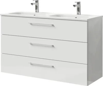 Produktbild von Pelipal Badmöbel-Set Sunline 121 BxHxT 121 x 74 x 46 cm Frontfarbe weiß hochglanz mit Mineralguss-Doppelwaschtisch und W