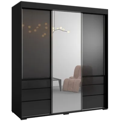 A black wardrobe with sliding doors and drawers, featuring a large central mirror. A chair is reflected in the mirror.