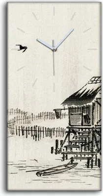 Produktbild von Wanduhr Bürouhr Leinwand Bild 30x60 Malerei Asiatische Hütten See Boot Kunst - weiße Hände