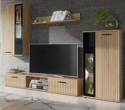 Produktbild von Wohnwand "Rusty" Eiche und schwarz Schrankwand mit Lamellenoptik inkl. LED