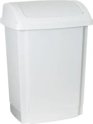 A white plastic trash can with a flip-top lid, shown from the front.
