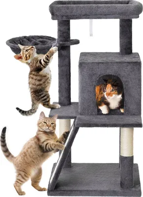 A multi-level cat tree with two cats interacting with it.