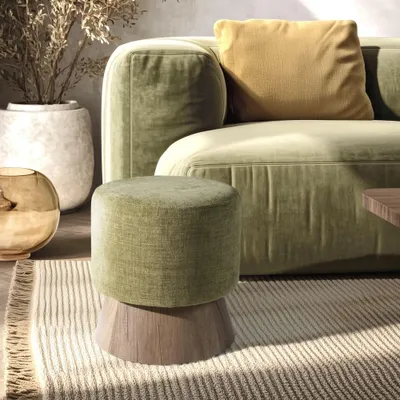 Image de AGATHE - Pouf rond en tissu vert et pied bois D41cm