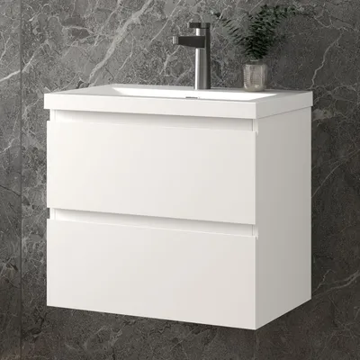 Produktbild von 60 cm Badmöbel-Set Unterschrank mit Rechteckiges Waschbecken 2 Schubladen soft-close Weiß Matt Selbstmontierter