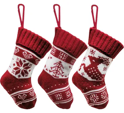 3er-Set Weihnachtsstrümpfe, gestrickt, 17x15x12 cm, Rot-Weiß