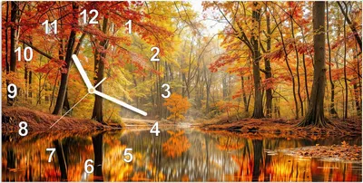 Produktbild von Wanduhr aus Glas mit Motiv Herbstwald am See- 60 x 30 cm - inkl. Aufhängesystem