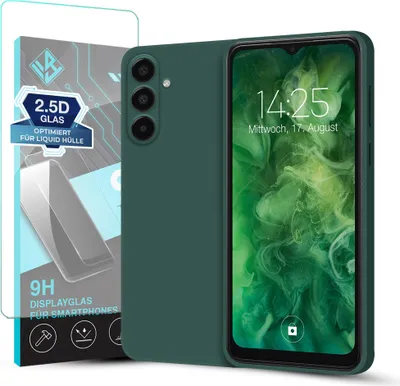 A product shot of a green phone case and a screen protector.