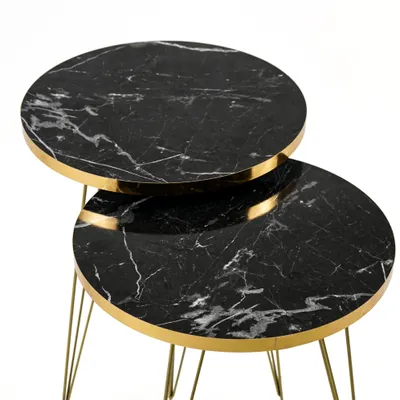 Image de Table gigogne moderne, lot de 2, motif marbre, table basse, ronde, table d'appoint et table de bout, meuble de salon, noir