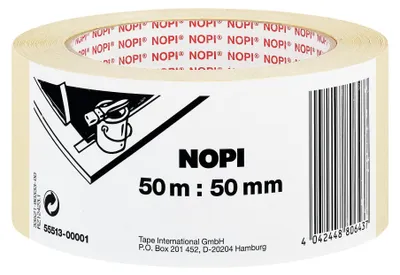 Imagen del producto de Cinta adhesiva para proteger superficies, marca NOPI, tipo crepe, color beige, 50 mm de ancho x 50 metros de largo