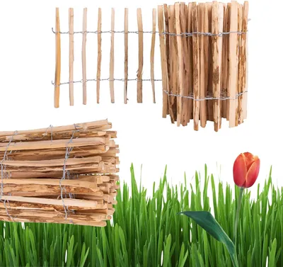 A product image featuring wooden fencing elements and a tulip in grass.