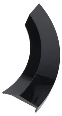 A black curved object against a white background.
