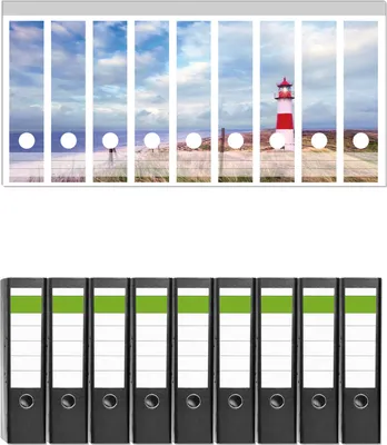 Produktbild von Wallario 9 Stück breite Ordner inkl. Klebeetiketten mit Motive Leuchtturm am Strand von Sylt -  Set mit Rückenschildern / Ordnerrücken Stickern