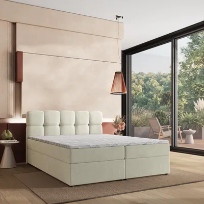 Produktbild von Masseno Boxspringbett MERU 160x200 cm Komplett-Set mit Bonell Matratze und Topper, Polsterbett mit Bettkästen -Creme, SORO 02