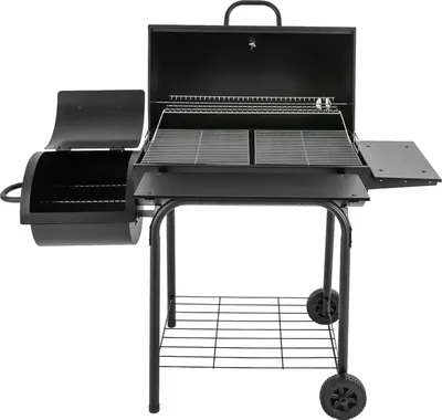 Obrázek produktu pro Venkovní gril – gril na dřevěné uhlí s podstavcem – s víkem – grilovací plocha 39 x 34 cm – rozměry 147 x 70 x 126 cm – pro 10 osob – do zahrady a na kempování – černý